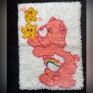 Vintage handmade Cheer Bear Care Bear latch hook rug fiber art wall hanging